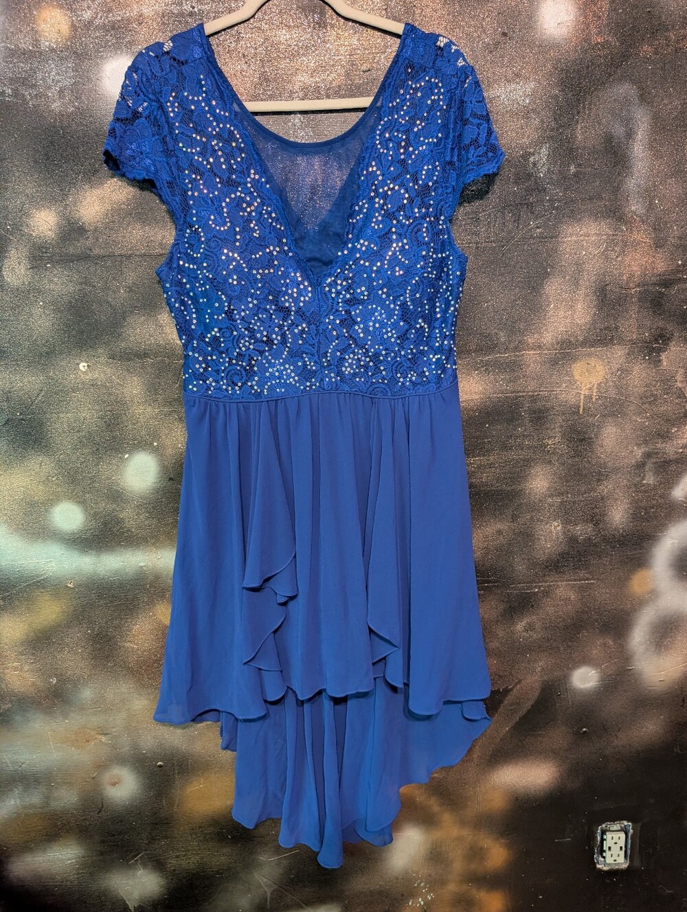 Jodi Kristopher Royal Blue High-Low Dress with Beaded Lace Bodice